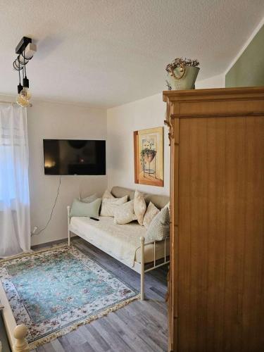 a living room with a couch and a tv at fewo-aller-auszeit in Hademstorf