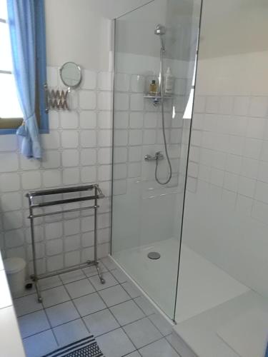une douche avec une porte vitrée dans une salle de bain dans l'établissement Entre mer et montagne, à Hasparren