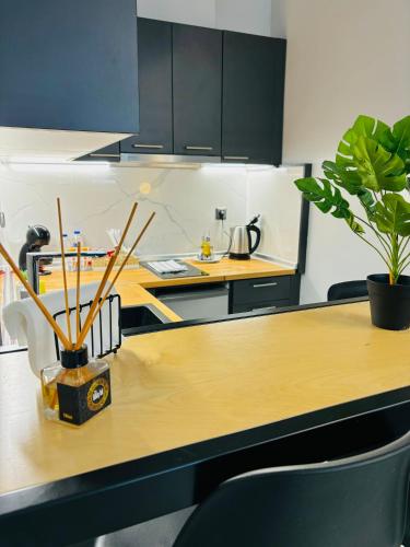 a kitchen with a wooden table with a potted plant at eliTe deluxe 1 in Kavala