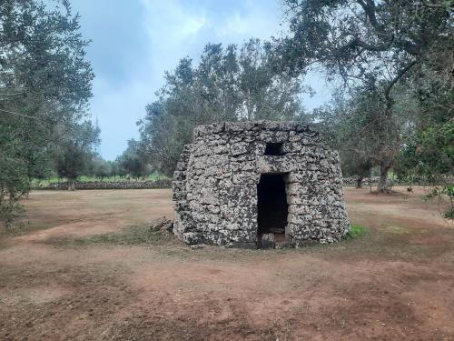 an old stone fireplace in a field with trees at Casetta Manila in Uggiano la Chiesa