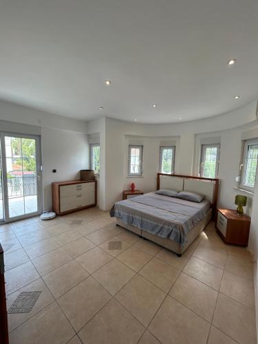 1 dormitorio grande con 1 cama grande y ventanas en Belek Villa, en Belek