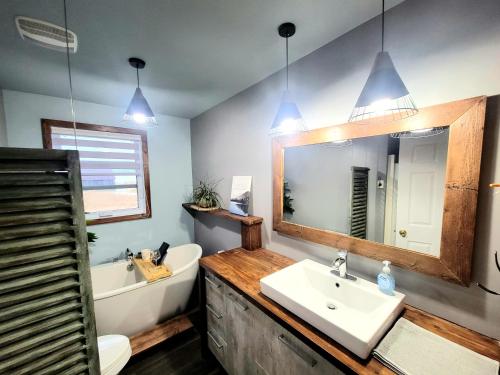 a bathroom with a sink and a mirror at 3CH - Bord de lac & Spa, foyer, billard, AC et plus in Hébertville
