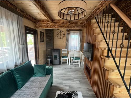 a living room with a green couch and a television at Zagrad Homes in Zabljak in Žabljak