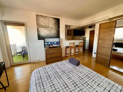 a bedroom with a bed and a television in it at Cozy studio in the center of Cluj in Cluj-Napoca