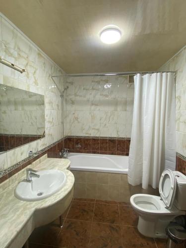 a bathroom with a sink and a tub and a toilet at Sky Luxe Hotel in Astana