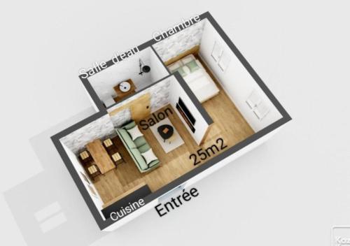 vue aérodynamique d'un plan d'étage d'une maison dans l'établissement La Belle Mer by MRODBNB - Appart Neuf - Aperçu Mer - 25m Plage & Resto - Ciné - Cheminée - Popcorn, à Cancale