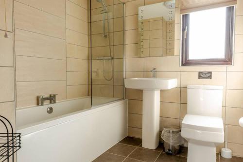 une salle de bain avec un lavabo, des toilettes et une douche dans l'établissement Wild Oats Lodge 9, Yellowtop Country Park, à York