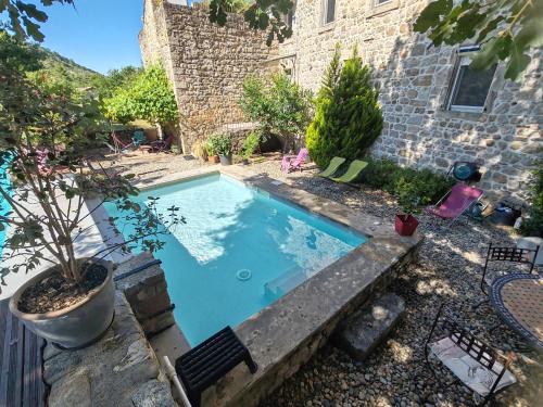 a small swimming pool in a yard with a plant at La musardière in Les Assions