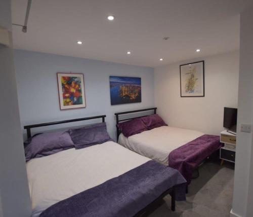 a bedroom with two beds and a tv at Chaucer House Holiday Home in Kent