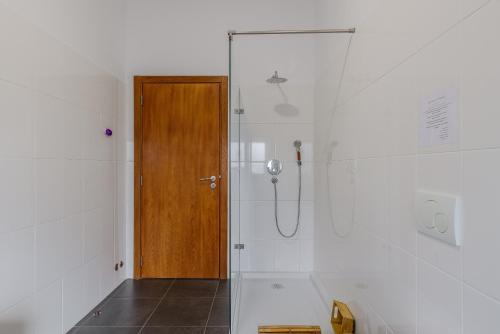 ein Badezimmer mit Dusche und Holztür in der Unterkunft Casa Maria D'Almeida in Reguengos de Monsaraz