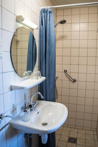 a bathroom with a sink and a mirror and a shower at Hotel De Horper Wielen in Kaard