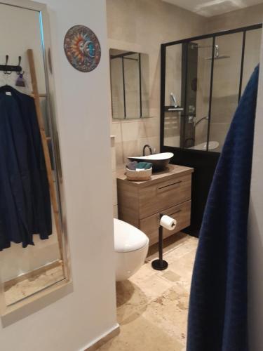 a bathroom with a toilet and a sink at Au delà des Remparts in Montreuil-sur-Mer