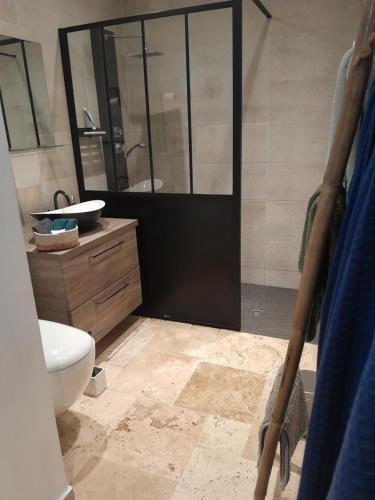 a bathroom with a toilet and a glass shower door at Au delà des Remparts in Montreuil-sur-Mer