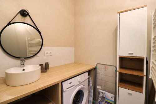 une salle de bain avec un lavabo et une machine à laver dans l'établissement Bright and fully equipped studio, à Arras