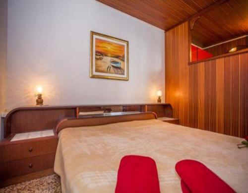a bedroom with a large bed with red pillows on it at Apartments and Room Anita in Sumartin