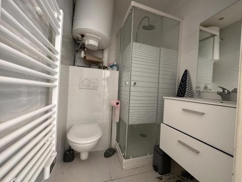 une salle de bain avec toilettes, douche et lavabo dans l'établissement 2P proche mer sib06, à Cannes