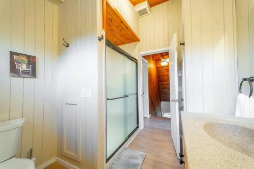 a bathroom with a glass shower and a toilet at ADK Whiteface Chalet with Hot Tub, Dog Friendly! in Wilmington