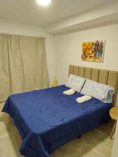 Un dormitorio con una cama azul con dos toallas encima. en Allende Suite, en Villa Allende