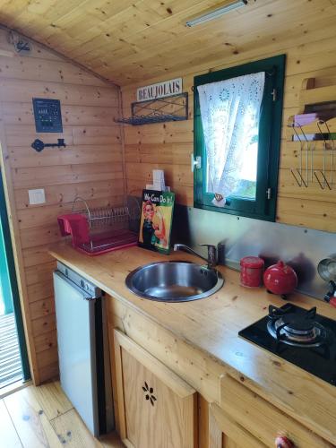 a kitchen with a sink in a log cabin at La roulotte de Mary in Grimbosq