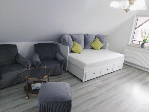 a living room with a couch and a chair at Cozy Home in der Heide, zentral und ruhig in Schneverdingen