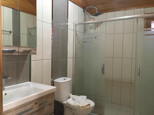 a bathroom with a toilet and a sink and a shower at Villa Efsane Hotel in Cıralı