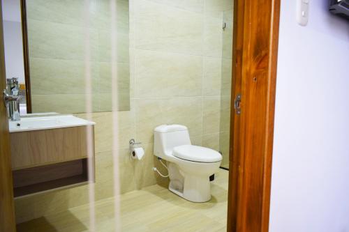 a bathroom with a toilet and a sink at Hotel Gran Plaza San Agustin in San Agustín