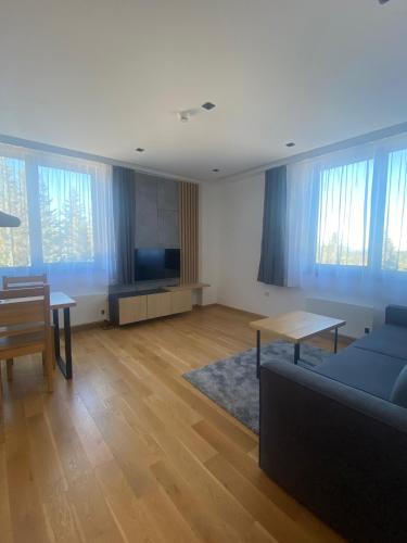 a living room with a couch and a table at Apartman Mraz - Aparthotel Zlatni Javor in Jahorina