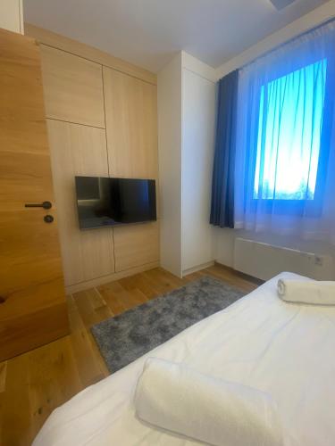a bedroom with a bed and a tv and a window at Apartman Mraz - Aparthotel Zlatni Javor in Jahorina