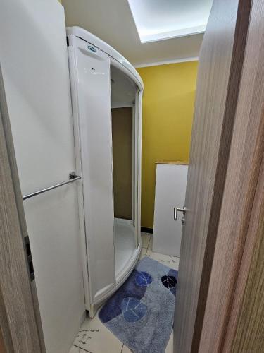 a bathroom with a white refrigerator in a room at Royal Apartments & Rooms in Zagreb