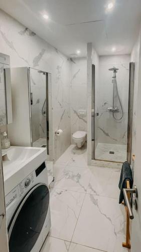 une salle de bain blanche avec douche et toilettes dans l'établissement LA CABANE Lille Centre, à Lille