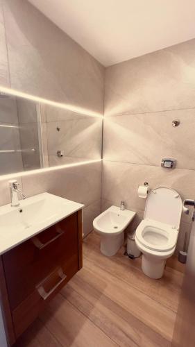 a bathroom with a white toilet and a sink at Bariloche Studio Center Leg.1068 in San Carlos de Bariloche