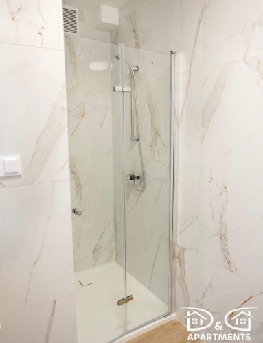 a shower with a glass door in a bathroom at Pine Tree House 9 D&D Apartments in Międzywodzie
