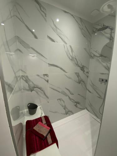 a bathroom with a shower with a red towel at Le Studio in Montauban
