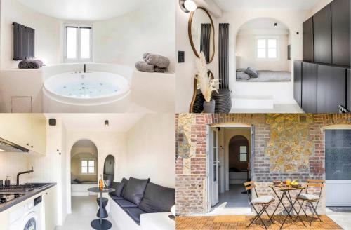 ブロンヴィル・シュル・メールにあるDeauville Spa Suite - 3min beachのキッチンとリビングルームの写真のコラージュ