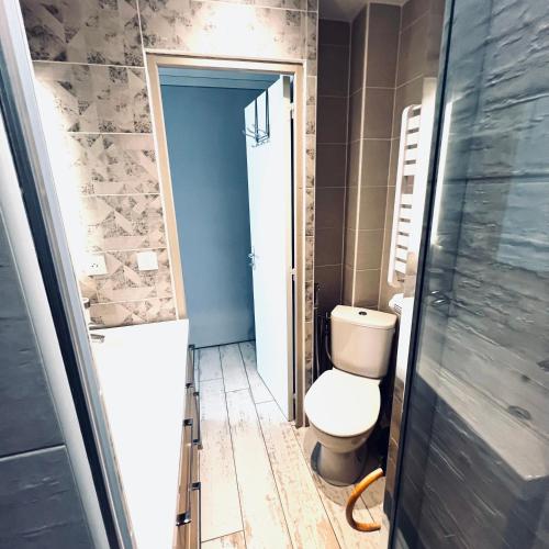 une petite salle de bain avec toilettes et douche dans l'établissement Le Soulairol Bleu, à Leucate