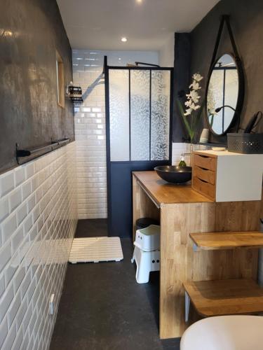 La salle de bains est pourvue d'un lavabo et d'un comptoir avec un miroir. dans l'établissement Chez SWAZ - T3 cosy 300m plage, à Berck-sur-Mer