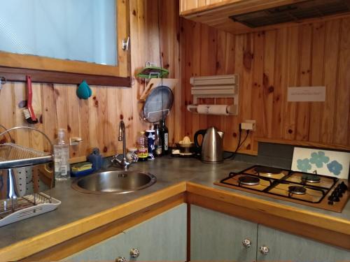 Il comprend une cuisine équipée d'un évier et d'une cuisinière. dans l'établissement petit appartement cosy, à Luchon