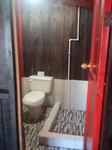 a small bathroom with a toilet and a shower at Madervillhospedaje in Aquitania