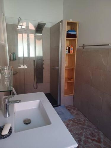 une salle de bain avec un lavabo et une douche dans l'établissement La loggia, à La Tremblade