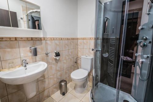 y baño con lavabo, aseo y ducha. en Hotel David with Free Parking, en Košice