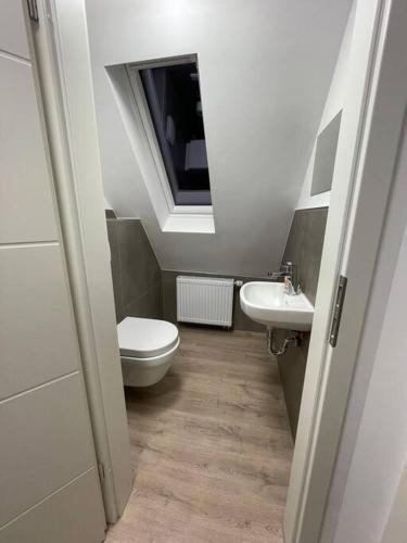 a bathroom with a toilet and a sink and a window at Exklusiv Appartement - Jacuzzi Grens van Enschede! in Gronau