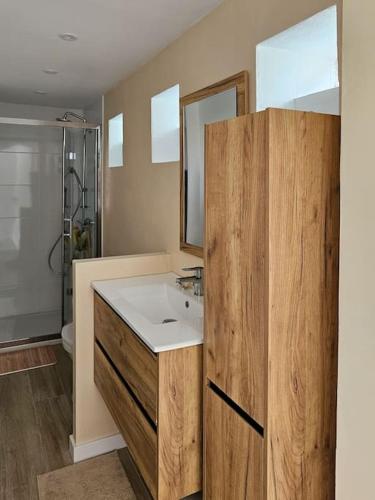 La salle de bains est pourvue d'un lavabo et d'une armoire en bois. dans l'établissement Campagne & bords de Seine - Collection Idylliq, à Muids