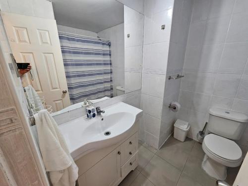 拉塞雷纳gran departamento para 11 personas en cuatro esquinas的带水槽和马桶的白色浴室