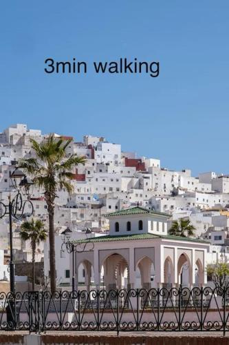 a white building with a palm tree in front of a city at COZY Flat central Medina Tétouan 3BR 15 min airport ,Balcony in Tetouan