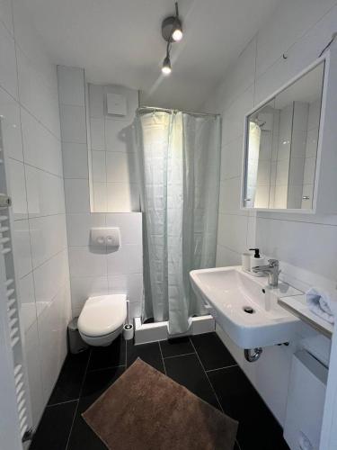 a white bathroom with a sink and a toilet at Hanse-Vermietung in Bremen