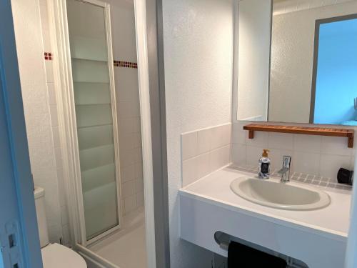une salle de bain avec un lavabo et un miroir et des toilettes dans l'établissement ღ Nautique - Vue Mer, Parking privé et Wifi fibre, à La Rochelle