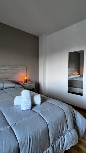a bedroom with a bed with two pillows on it at Robinson Alojamientos - Edificio María Gricelda in Ushuaia