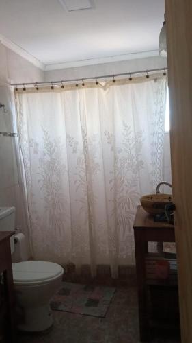 a bathroom with a toilet and a shower curtain at La casa naranja de Amaia in Sierra Grande