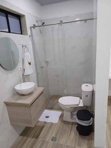 a bathroom with a toilet and a sink and a mirror at Hotel Internacional Boutique Milan in Puerto Boyacá