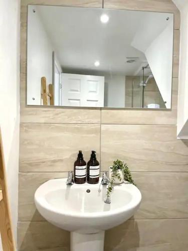a bathroom with a white sink and a mirror at The Hopps - New, Stylish Loft in Gloucestershire